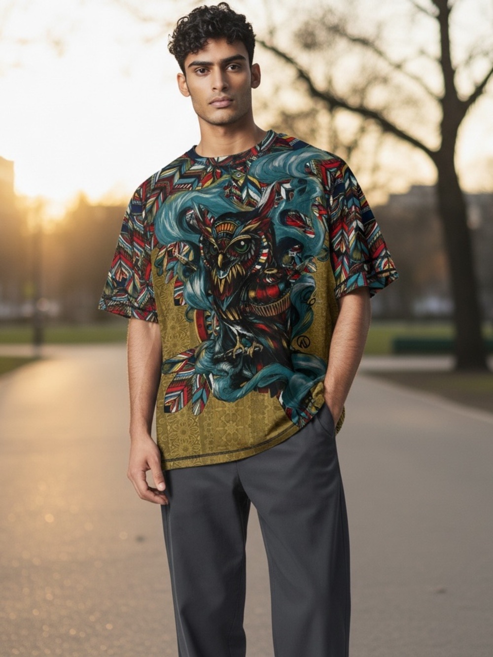 INKnBURN Olive Graphic Owl Short-Sleeve Tee with Teal and Red Accents
